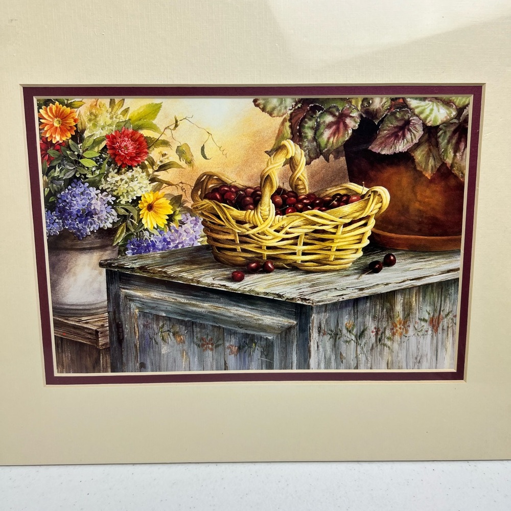 VTG Emily James Art Print Cherry Picking County Matted 1999 Basket Decor READ - Picture 3 of 10